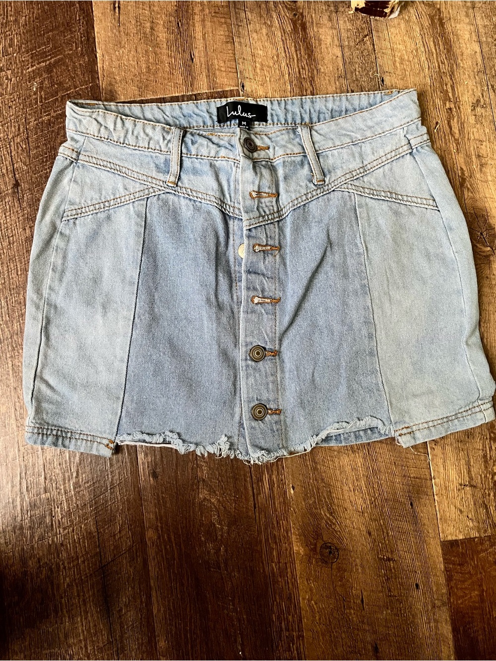 Lulu's Two-Tone Light Blue Denim Button Mini Skirt